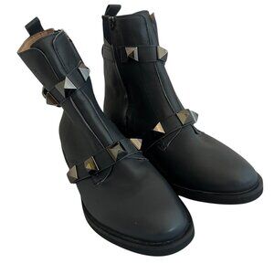 All Black Pyramid Stud Booties Boots Dark Blue Leather Luxury Size 41 10.5 Women